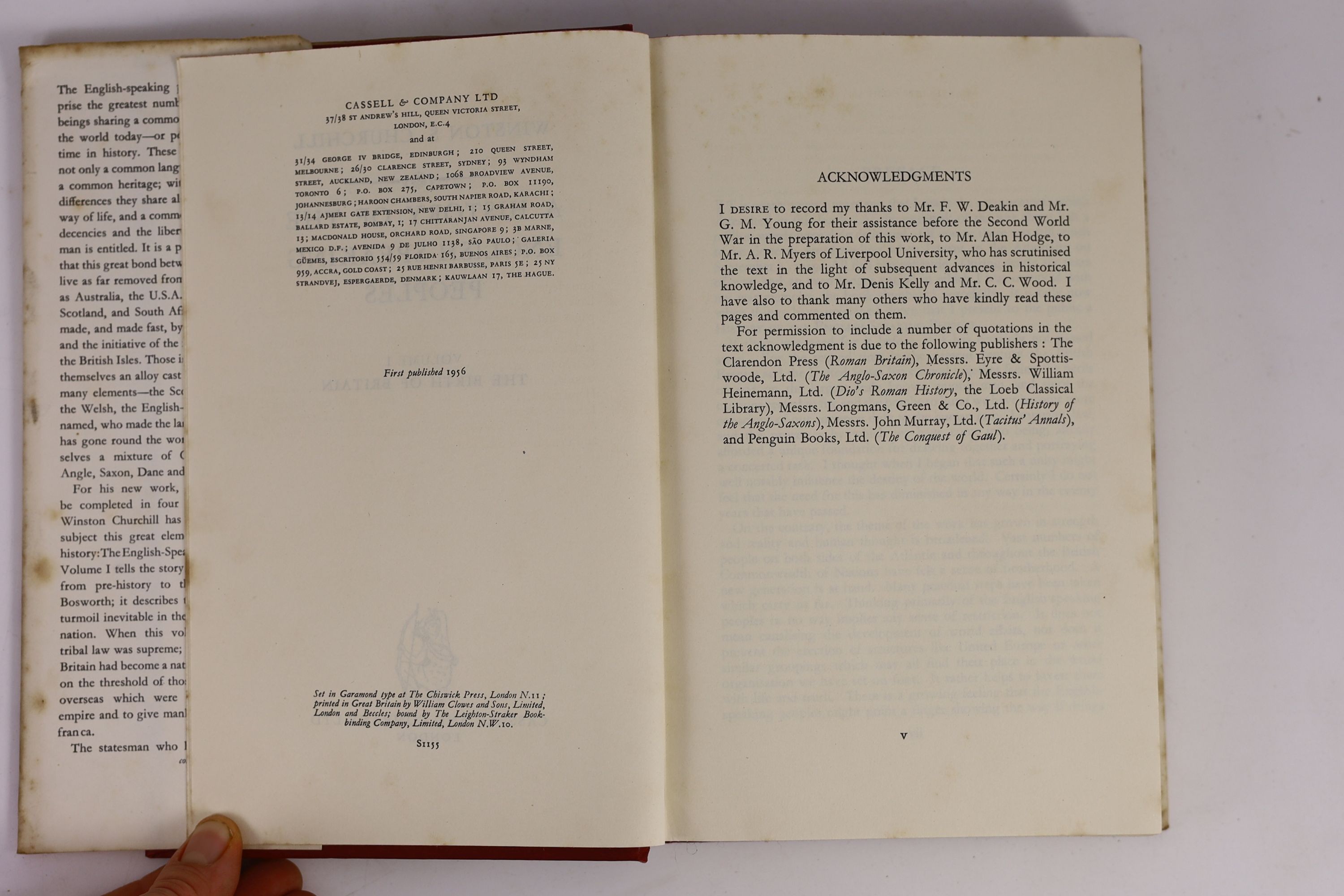 Churchill, Winston L. S., Sir - A History of the English-Speaking Peoples, 1st edition, 4 vols, all signed, Lord Hartley Shawcross copy, ex Friston Place, Sussex, 8vo, original cloth with unclipped d/j’s, Cassell & Compa